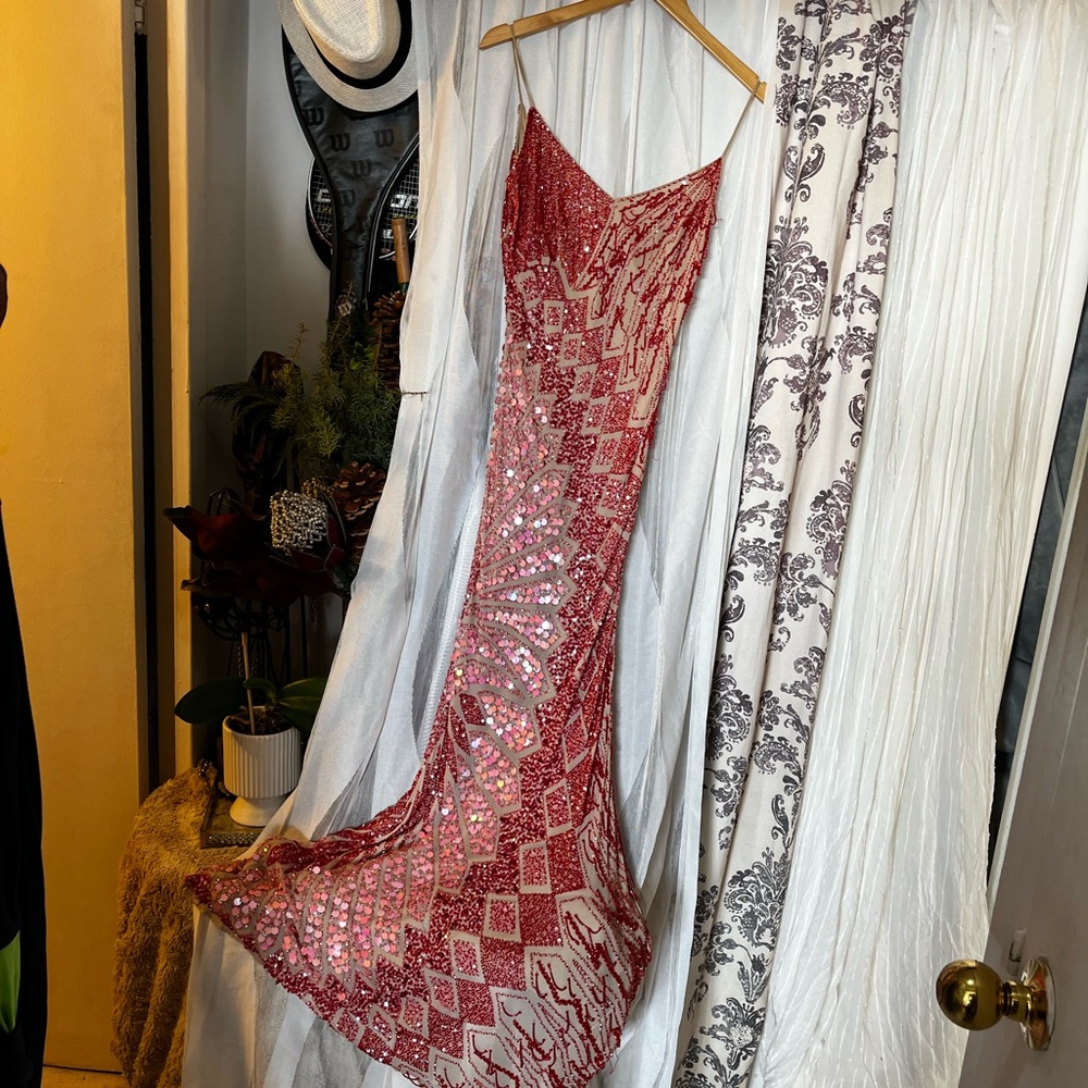 Elegant Full Length Red/Pink Sequin Evening Gown “LAS VEGAS STYLE”